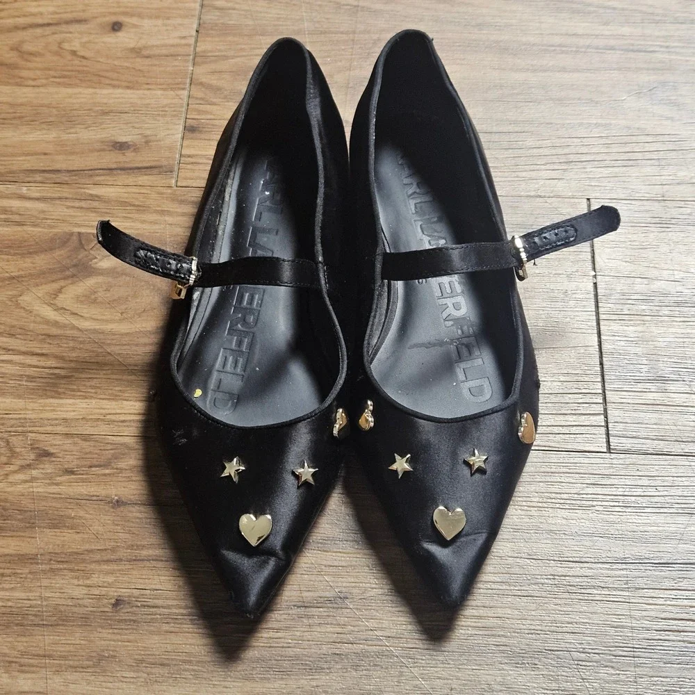 Karl Lagerfeld Paris Veyda Mary Jane Flats 9.5 M  Studded Satin Edgy Balletcore